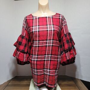 Boutique Plus Blouse w/ 3 Quarter Flare Sleeves Red Plaid - Size OX (14W) NWT